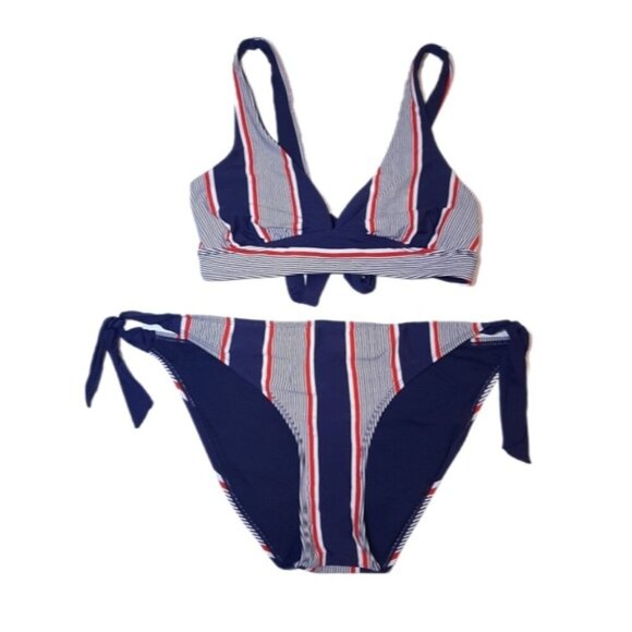 LA VIE EN ROSE Striped Bikini Set Triangle Tie 2Pc Swimwear Wirefree M XL - Picture 1 of 13